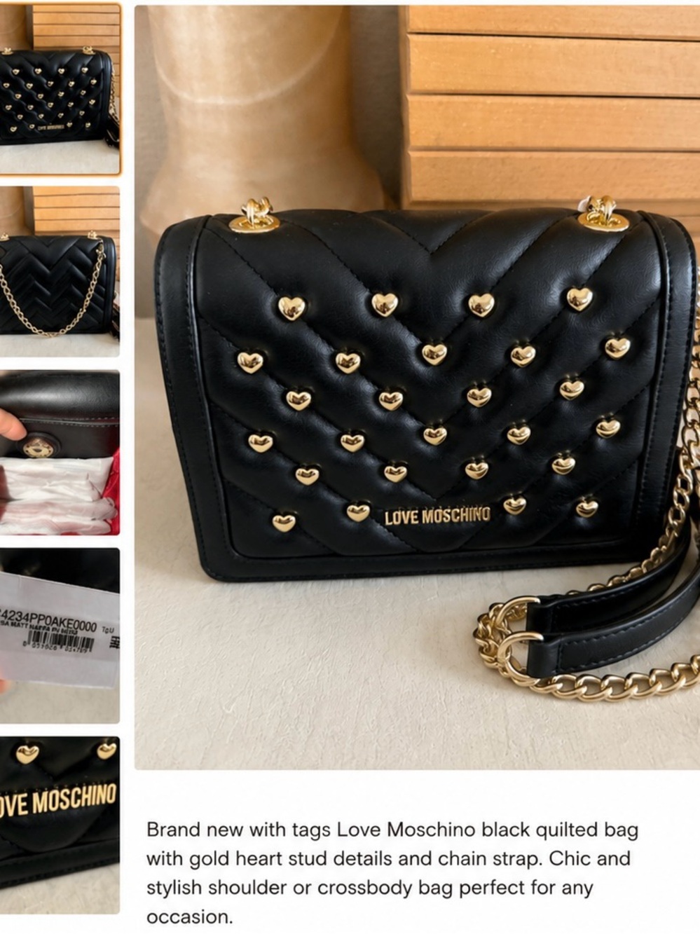 Love Moschino Black Heart Stud Quilted Crossbody Shoulder Bag Gold Chain NWT